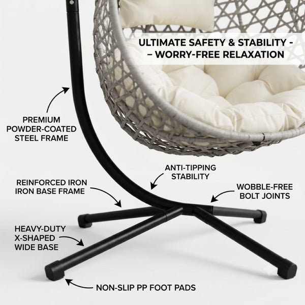 English Elm Foldable Hanging Egg Chair Hdpe Wicker Stand Cushion Patio Balcony 350 Lbs Beige+Grey W2500P494297