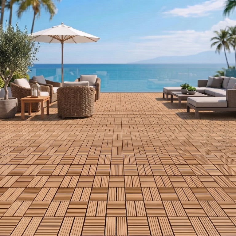 English Elm Wpc Interlocking Outdoor Deck Tiles 25 Pack Wood Plastic Composite Patio Flooring Set Natural Wood 8 Panel W2500P512730