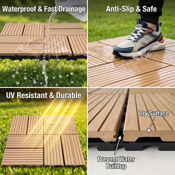 English Elm Wpc Interlocking Outdoor Deck Tiles 25 Pack Wood Plastic Composite Patio Flooring Set Natural Wood 8 Panel W2500P512730