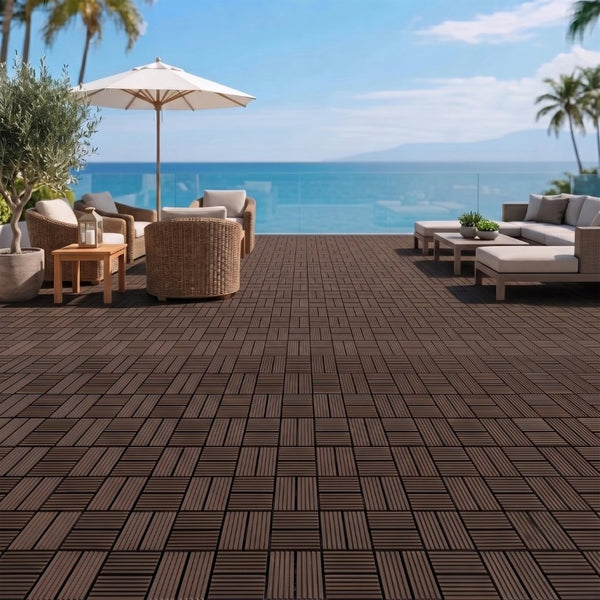 English Elm Wpc Interlocking Outdoor Deck Tiles 25 Pack Wood Plastic Composite Patio Flooring Set Dark Brown 8 Panel W2500P512742