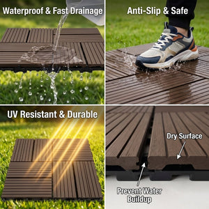 English Elm Wpc Interlocking Outdoor Deck Tiles 25 Pack Wood Plastic Composite Patio Flooring Set Dark Brown 8 Panel W2500P512742
