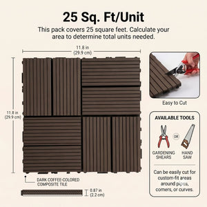 English Elm Wpc Interlocking Outdoor Deck Tiles 25 Pack Wood Plastic Composite Patio Flooring Set Dark Brown 8 Panel W2500P512742