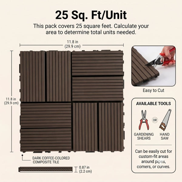 English Elm Wpc Interlocking Outdoor Deck Tiles 25 Pack Wood Plastic Composite Patio Flooring Set Dark Brown 8 Panel W2500P512742