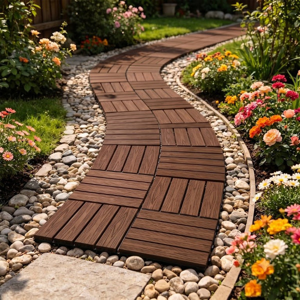 English Elm Wpc Interlocking Outdoor Deck Tiles 25 Pack Wood Plastic Composite Patio Flooring Set Light Brown 4 Panel W2500P512857