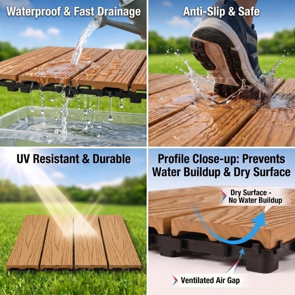 English Elm Wpc Interlocking Snap Deck Tiles Wood Plastic Composite Outdoor Patio Flooring Set Natural Wood 4 Panel W2500P512865