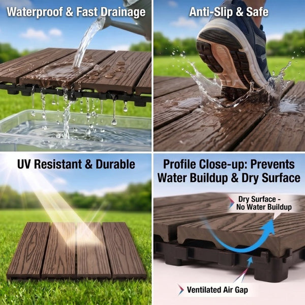 English Elm Wpc Interlocking Snap Deck Tiles Wood Plastic Composite Outdoor Patio Flooring Set Dark Brown 4 Panel W2500P512904