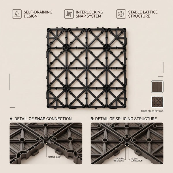 English Elm Wpc Interlocking Snap Deck Tiles Wood Plastic Composite Outdoor Patio Flooring Set Dark Brown 4 Panel W2500P512904