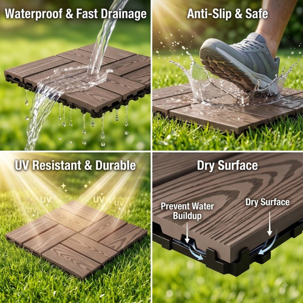 English Elm Wpc Interlocking Snap Deck Tiles Wood Plastic Composite Outdoor Patio Flooring Set Dark Brown 8 Panel W2500P512906