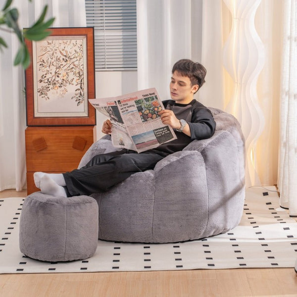 English Elm Giant Faux Fur Bean Bag Lounge Chair Plush Shell Silhouette for Gaming and Reading Gray W2510P237792