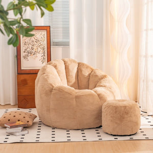 English Elm Giant Faux Fur Bean Bag Lounge Chair Plush Shell Silhouette for Gaming and Reading Khaki W2510P237795