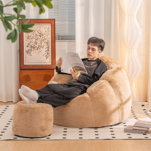 English Elm Giant Faux Fur Bean Bag Lounge Chair Plush Shell Silhouette for Gaming and Reading Khaki W2510P237795