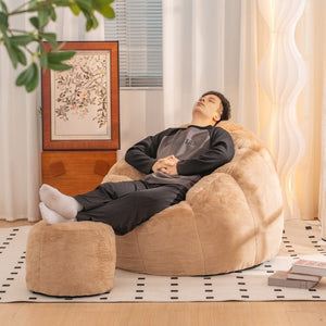 English Elm Giant Faux Fur Bean Bag Lounge Chair Plush Shell Silhouette for Gaming and Reading Khaki W2510P237795