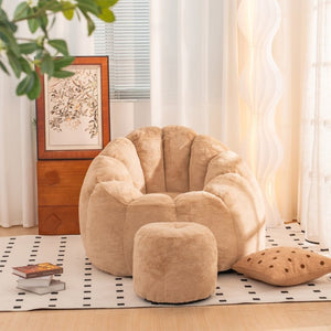 English Elm Giant Faux Fur Bean Bag Lounge Chair Plush Shell Silhouette for Gaming and Reading Khaki W2510P237795