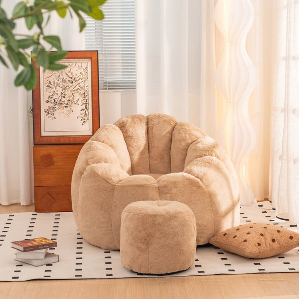 English Elm Giant Faux Fur Bean Bag Lounge Chair Plush Shell Silhouette for Gaming and Reading Khaki W2510P237795
