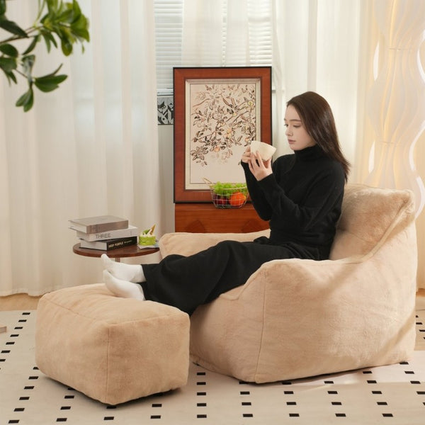 English Elm Bean Bag Chair Oversized Tufted Faux Fur Foam Lounge Seat for Living Room Khaki W2510P272056