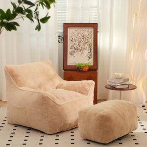 English Elm Bean Bag Chair Oversized Tufted Faux Fur Foam Lounge Seat for Living Room Khaki W2510P272056