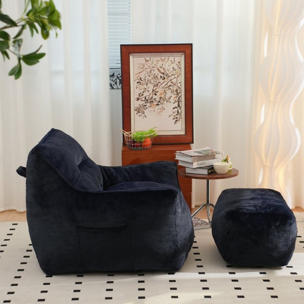 English Elm Bean Bag Chair Oversized Tufted Faux Fur Foam Lounge Seat for Living Room Navy Blue W2510P272094