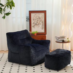 English Elm Bean Bag Chair Oversized Tufted Faux Fur Foam Lounge Seat for Living Room Navy Blue W2510P272094
