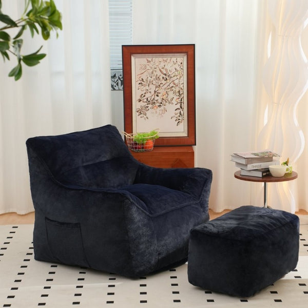 English Elm Bean Bag Chair Oversized Tufted Faux Fur Foam Lounge Seat for Living Room Navy Blue W2510P272094