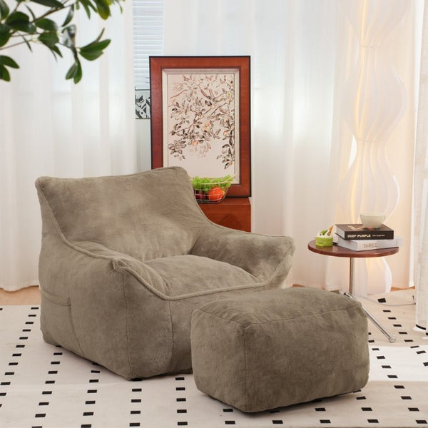 English Elm Bean Bag Chair Oversized Tufted Faux Fur Foam Lounge Seat for Living Room Light Coffee W2510P278254