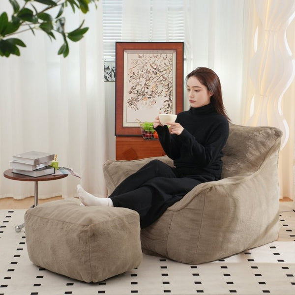 English Elm Bean Bag Chair Oversized Tufted Faux Fur Foam Lounge Seat for Living Room Light Coffee W2510P278254