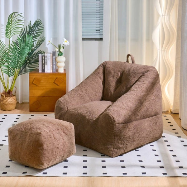 English Elm Bean Bag Chair Faux Fur Memory Foam Filled Lounge Seat for Dorm or Living Room Brown W2510P340382