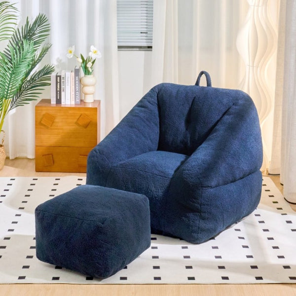 English Elm Bean Bag Chair Faux Fur Memory Foam Filled Lounge Seat for Dorm or Living Room Dark Blue W2510P340388