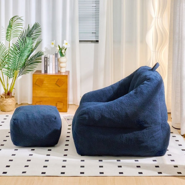 English Elm Bean Bag Chair Faux Fur Memory Foam Filled Lounge Seat for Dorm or Living Room Dark Blue W2510P340388