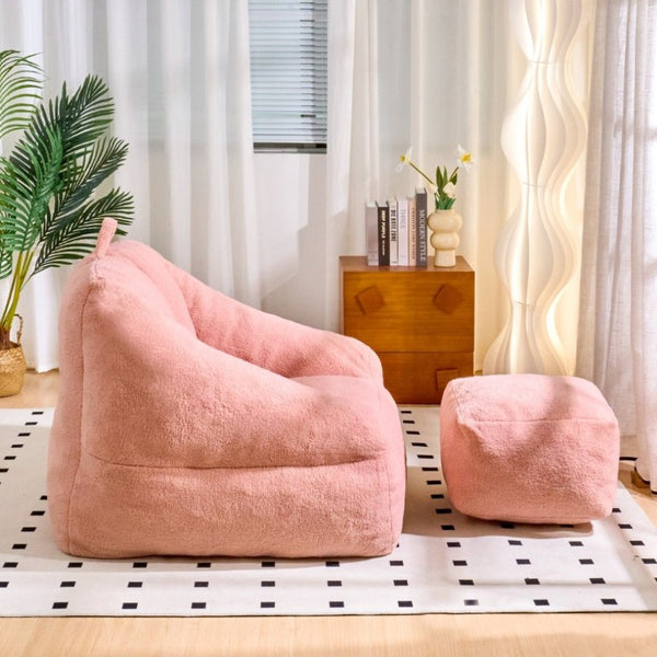 English Elm Bean Bag Chair Faux Fur Memory Foam Filled Lounge Seat for Dorm or Living Room Pink W2510P340392