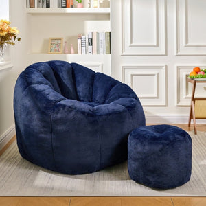 English Elm Giant Faux Fur Bean Bag Lounge Chair Plush Shell Silhouette for Gaming and Reading Dark Blue W2510P346239