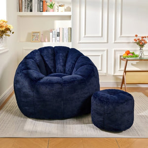 English Elm Giant Faux Fur Bean Bag Lounge Chair Plush Shell Silhouette for Gaming and Reading Dark Blue W2510P346239