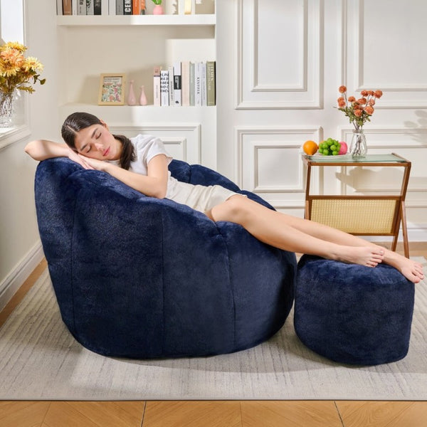 English Elm Giant Faux Fur Bean Bag Lounge Chair Plush Shell Silhouette for Gaming and Reading Dark Blue W2510P346239