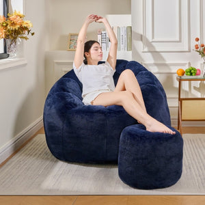 English Elm Giant Faux Fur Bean Bag Lounge Chair Plush Shell Silhouette for Gaming and Reading Dark Blue W2510P346239