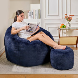 English Elm Giant Faux Fur Bean Bag Lounge Chair Plush Shell Silhouette for Gaming and Reading Dark Blue W2510P346239