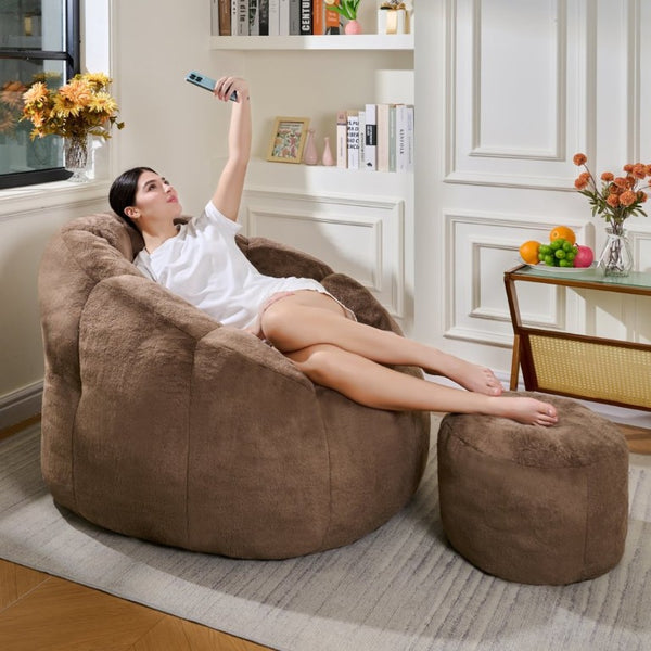 English Elm Giant Faux Fur Bean Bag Lounge Chair Plush Shell Silhouette for Gaming and Reading Brown W2510P346240