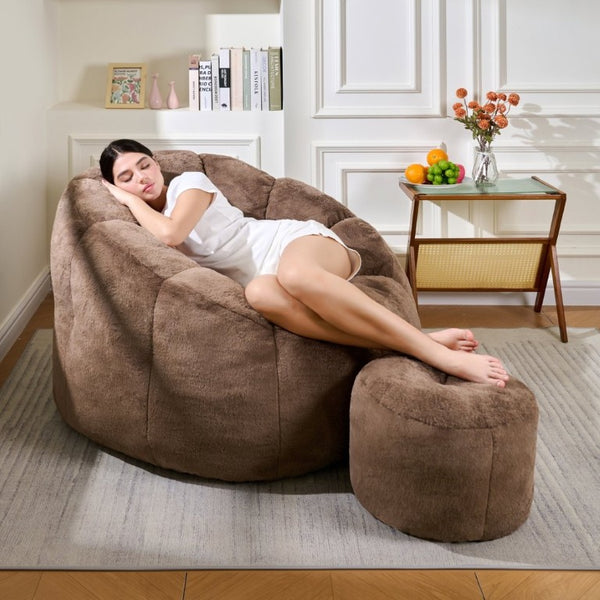 English Elm Giant Faux Fur Bean Bag Lounge Chair Plush Shell Silhouette for Gaming and Reading Brown W2510P346240