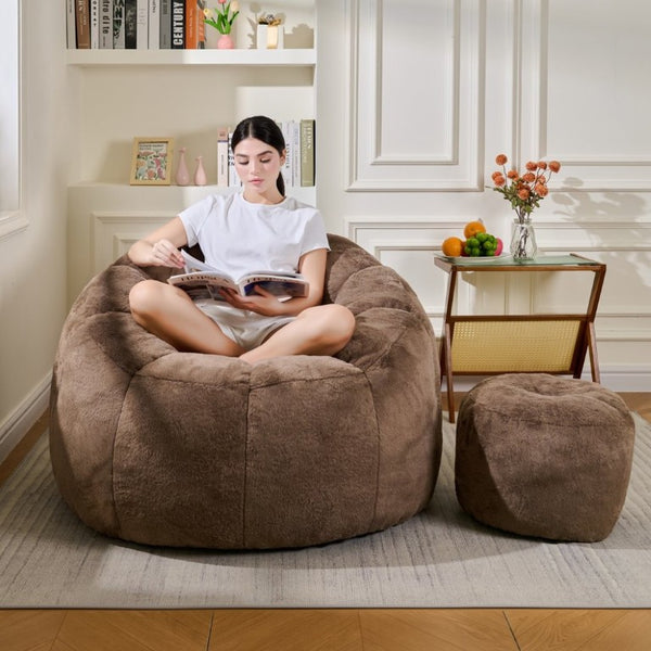 English Elm Giant Faux Fur Bean Bag Lounge Chair Plush Shell Silhouette for Gaming and Reading Brown W2510P346240