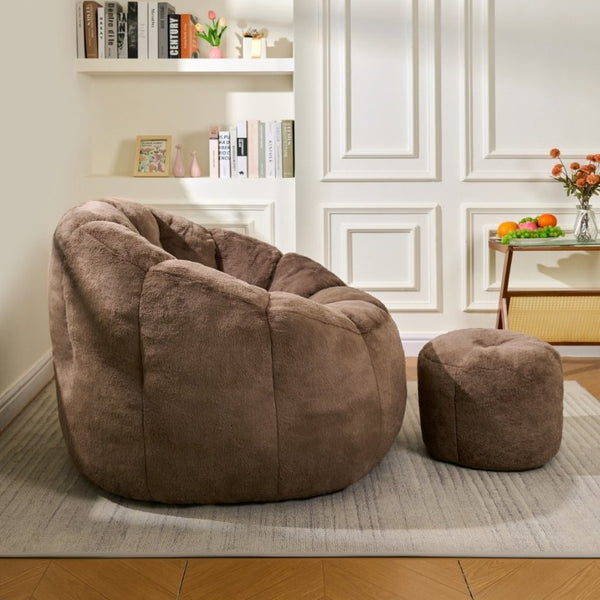 English Elm Giant Faux Fur Bean Bag Lounge Chair Plush Shell Silhouette for Gaming and Reading Brown W2510P346240