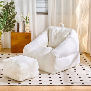 English Elm Bean Bag Chair Faux Fur Memory Foam Filled Lounge Seat for Dorm or Living Room White W2510P348503