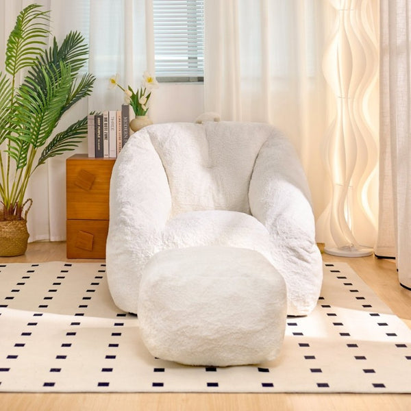 English Elm Bean Bag Chair Faux Fur Memory Foam Filled Lounge Seat for Dorm or Living Room White W2510P348503