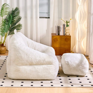 English Elm Bean Bag Chair Faux Fur Memory Foam Filled Lounge Seat for Dorm or Living Room White W2510P348503