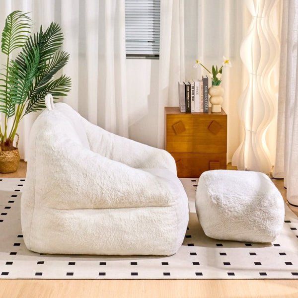 English Elm Bean Bag Chair Faux Fur Memory Foam Filled Lounge Seat for Dorm or Living Room White W2510P348503