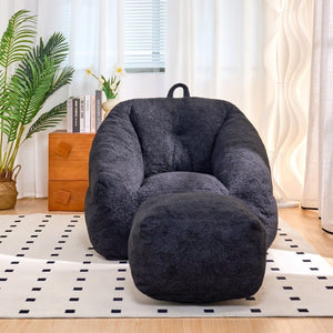 English Elm Bean Bag Chair Faux Fur Memory Foam Filled Lounge Seat for Dorm or Living Room Black W2510P348505