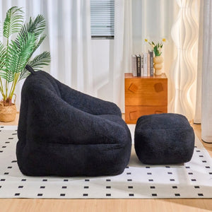 English Elm Bean Bag Chair Faux Fur Memory Foam Filled Lounge Seat for Dorm or Living Room Black W2510P348505