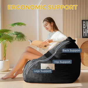 English Elm Bean Bag Chair Memory Foam Tufted Fustian Cord Lounge Seat for Dorm or Living Room Black W2510P371713