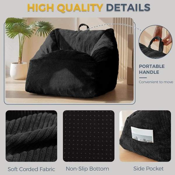 English Elm Bean Bag Chair Memory Foam Tufted Fustian Cord Lounge Seat for Dorm or Living Room Black W2510P371713