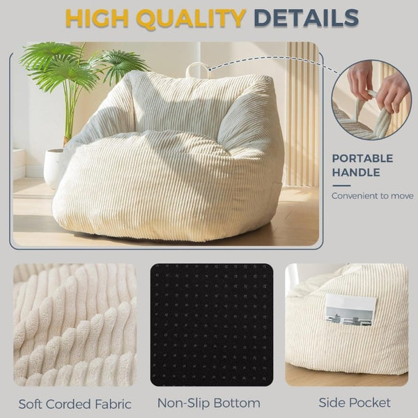 English Elm Bean Bag Chair Memory Foam Tufted Fustian Cord Lounge Seat for Dorm or Living Room Beige W2510P371714