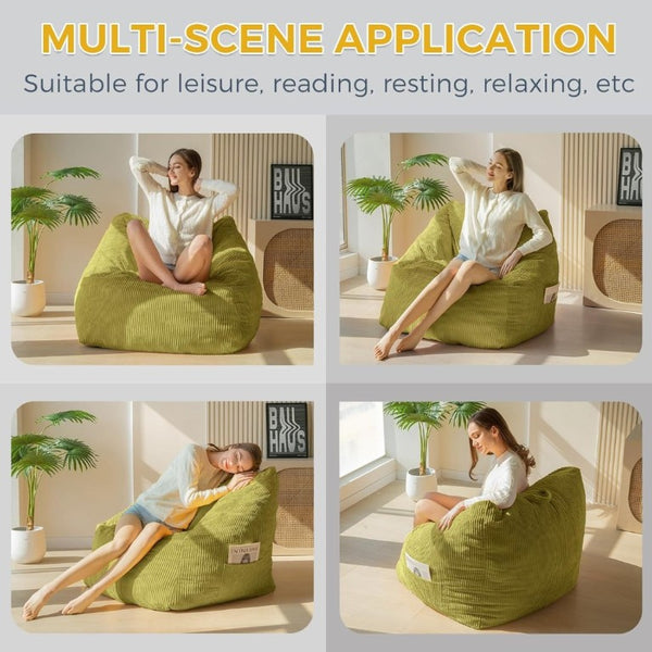 English Elm Bean Bag Chair Memory Foam Tufted Fustian Cord Lounge Seat for Dorm or Living Room Green W2510P387806