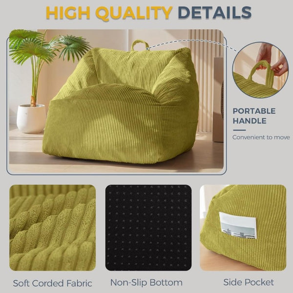 English Elm Bean Bag Chair Memory Foam Tufted Fustian Cord Lounge Seat for Dorm or Living Room Green W2510P387806