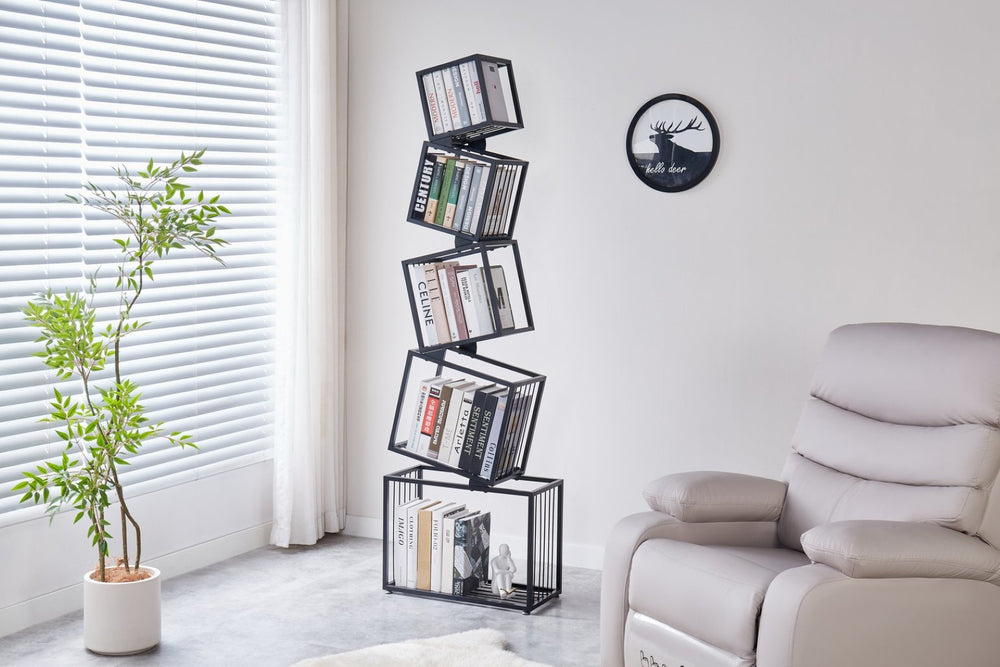English Elm 5-tier Matte Black Metal Geometric Bookcase Open Frame Sculptural Organizer for Modern Spaces W2516P399491